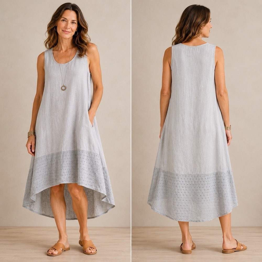 Terzo Millennio Pale Gray Linen Eyelet Hem Dress Womens M Made In Italy